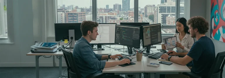 3 people at the office desks with a city view